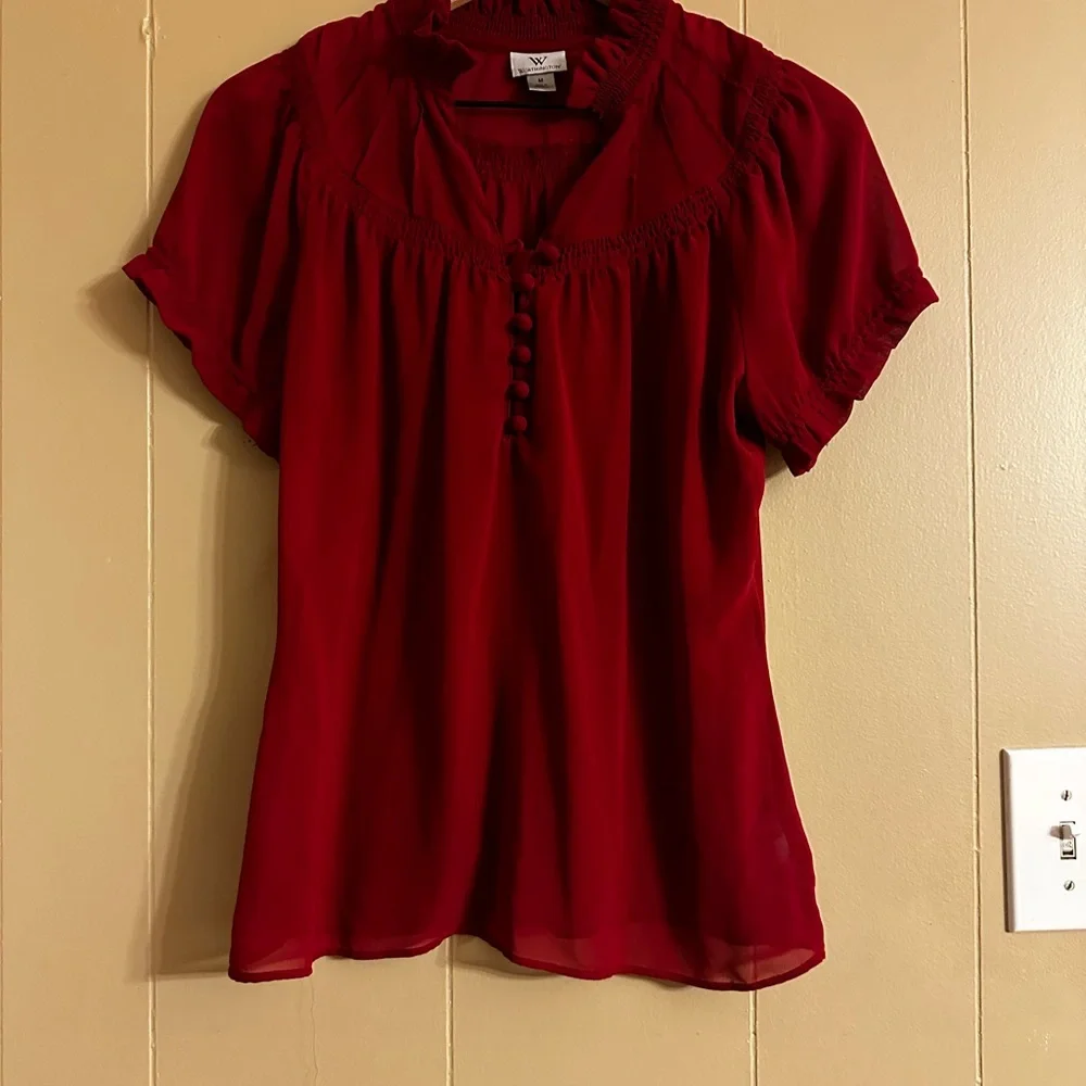 Worthington Sheer Red Short Sleeve Blouse with Button Details - Picture 2 of 5